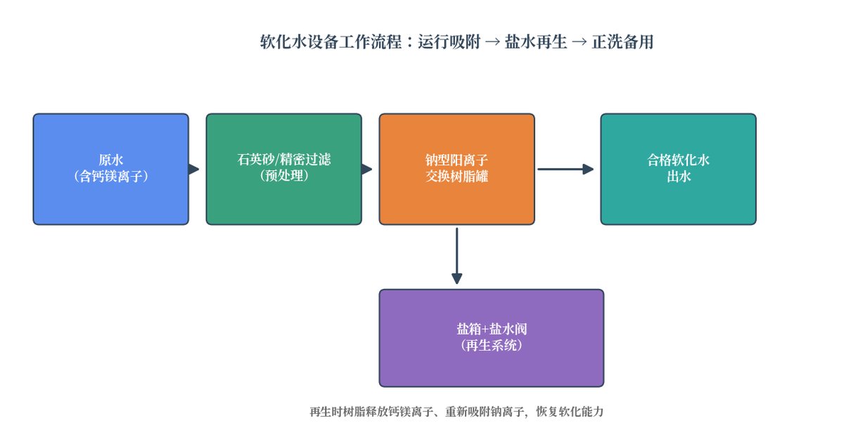 软化水设备工作流程:运行吸附、盐水再生、正洗备用